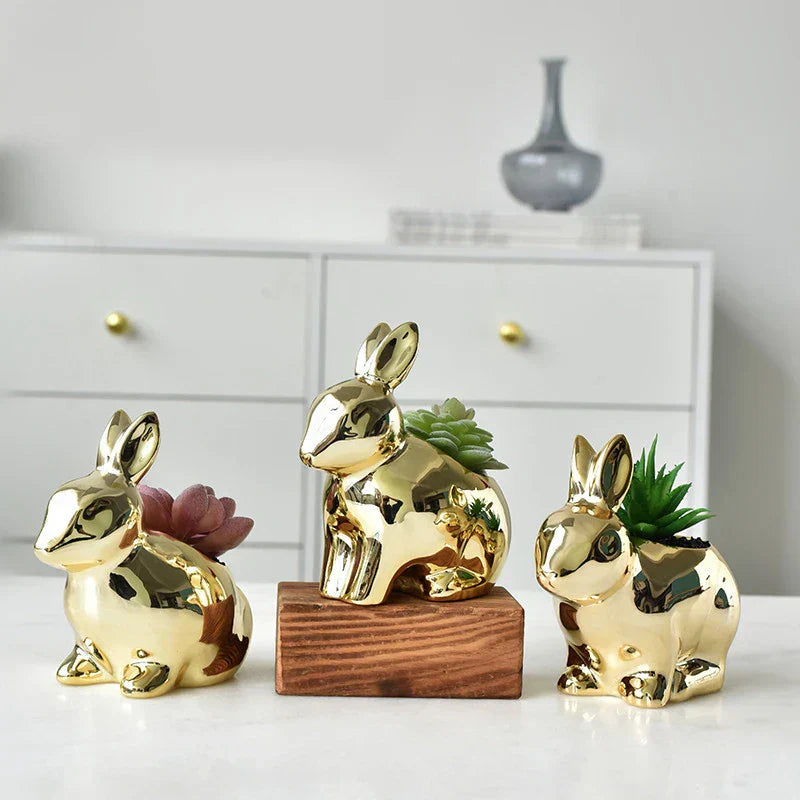 Norwegian Golden Rabbit Ceramic Plant Pot - Decorative Planter for Succulents