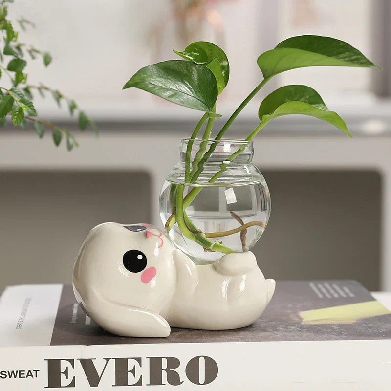 Cute Ceramic or Glass Vase with Wooden Stand – For Plants and Decoration