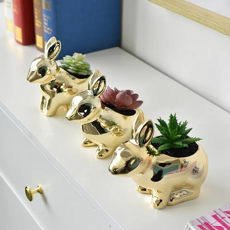 Norwegian Golden Rabbit Ceramic Plant Pot - Decorative Planter for Succulents