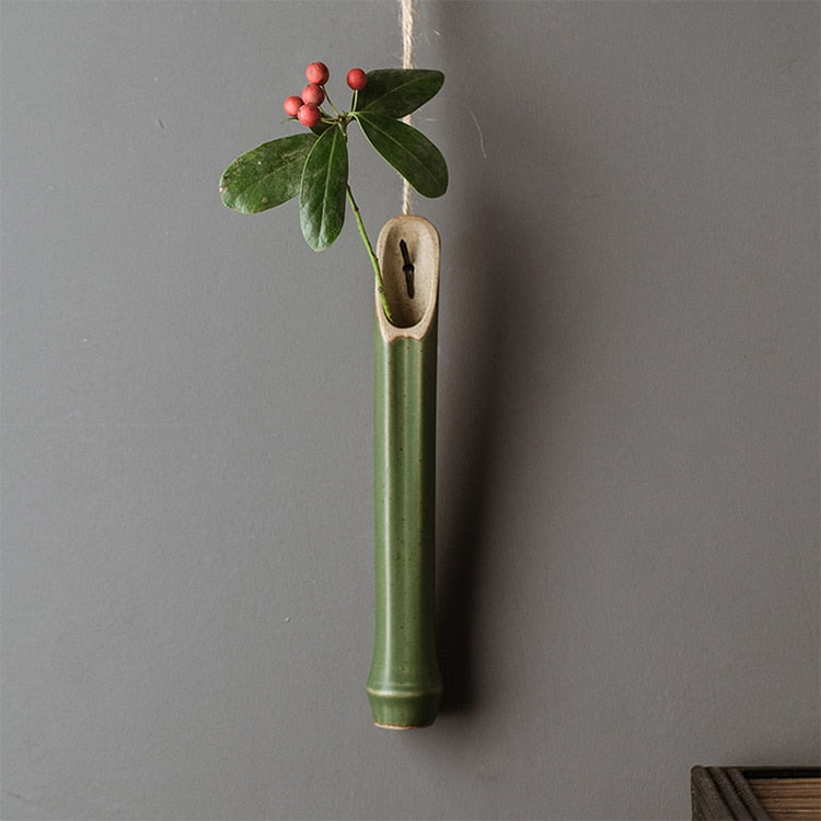 ZenFlo Hanging Vase - Ceramic Bamboo Elegance for Dried Flowers