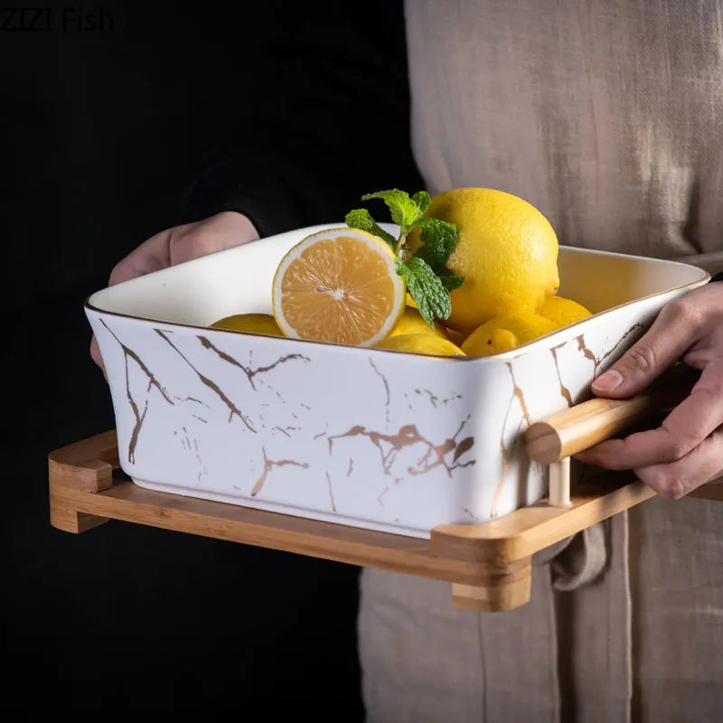 Luxe Marble-Look Serving Platter - Ceramic with Wooden Base