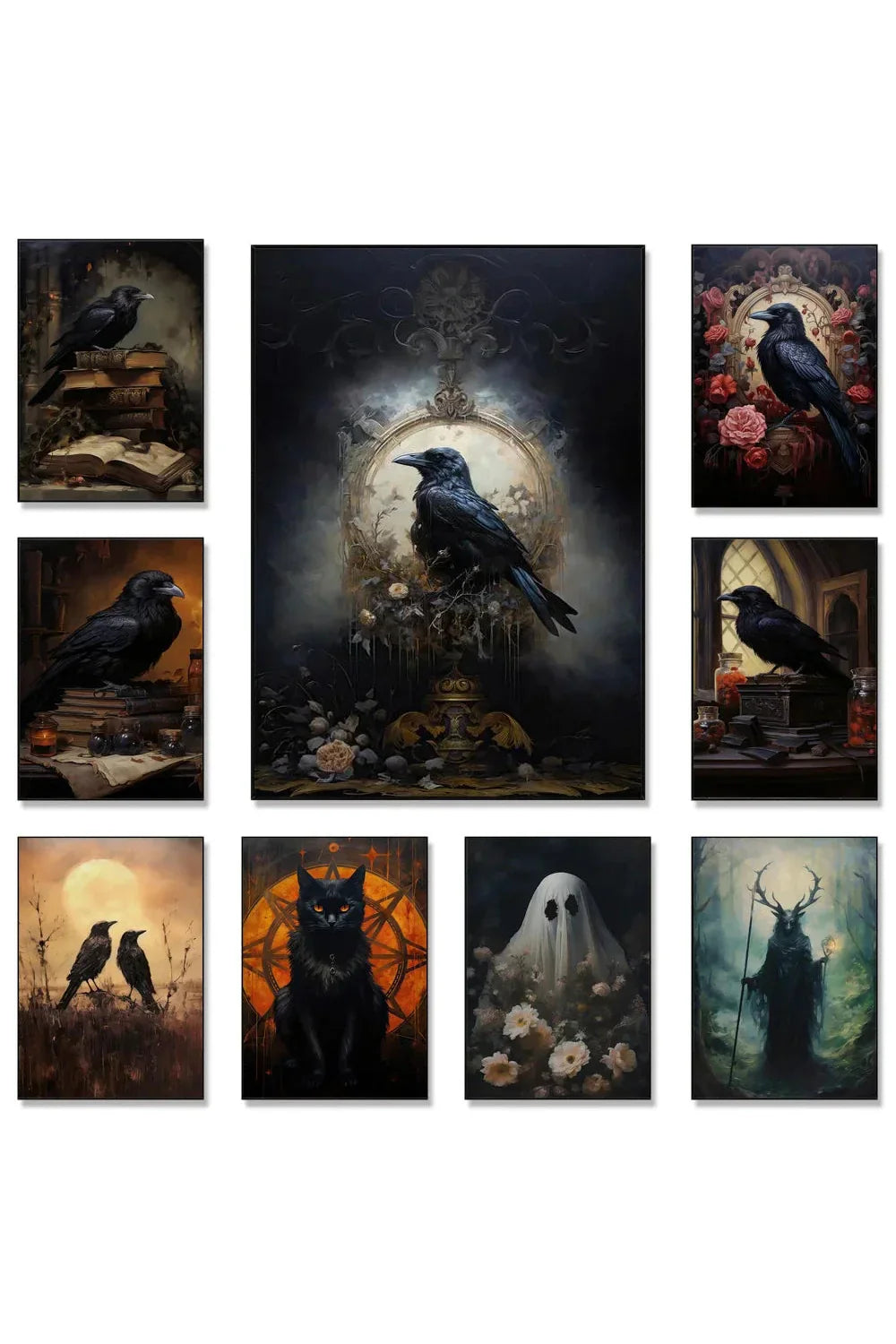 Set of Crows Canvas Posters – Mystical Ravens and Spooky Art