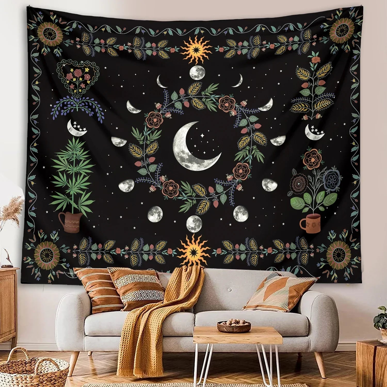 Norwegian botanical wall tapestry with flowers and moon phases - For bedroom or living room