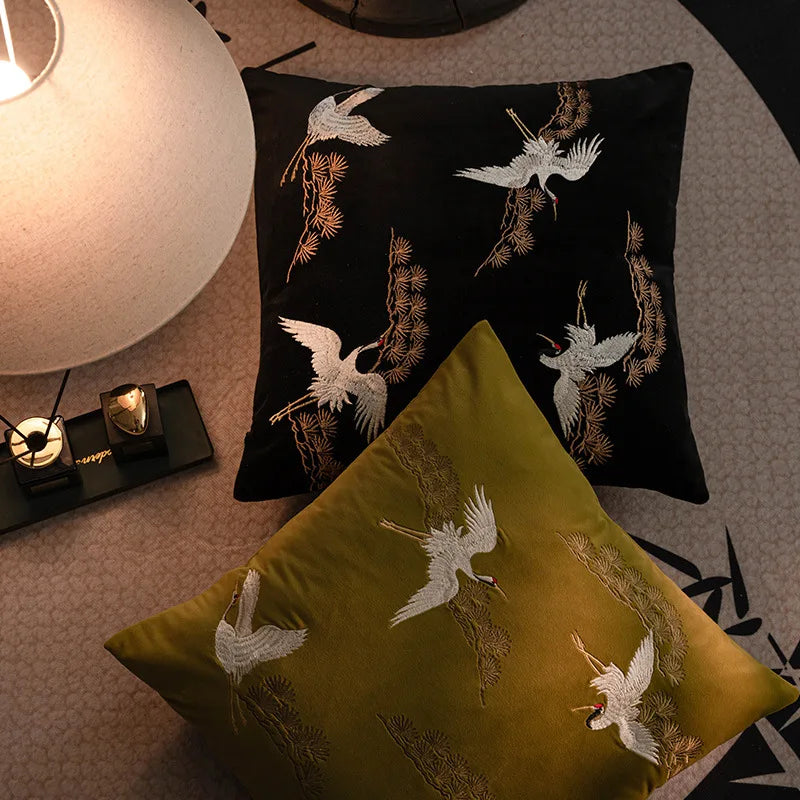 Norwegian Crane Cushion Cover with Embroidered Design for a Stylish Interior