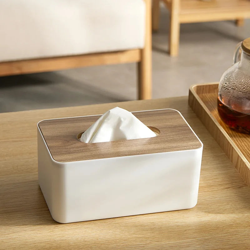 Bamboo Tissue Holder with White Design and Natural Lid