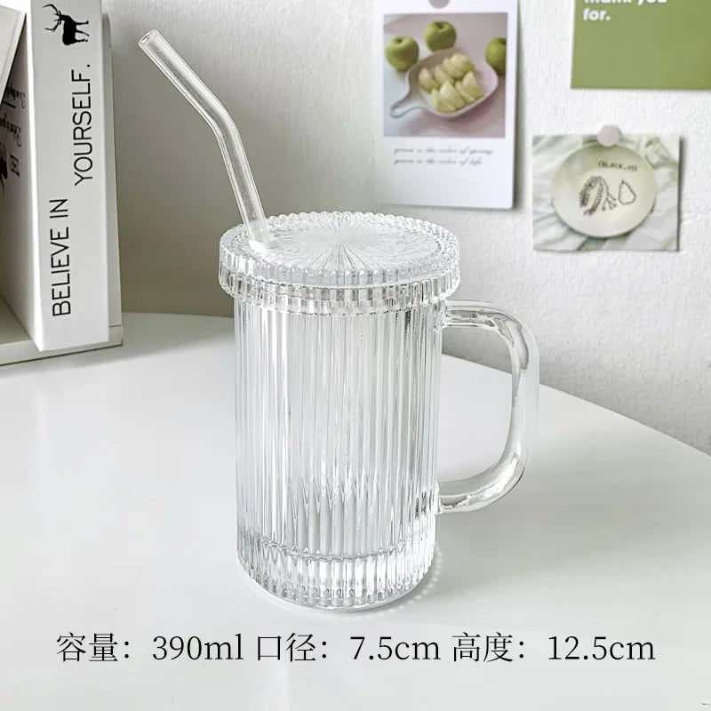 Glass Straw Cup Set – Japanese Style Coffee Tea Milk Cup with Lid