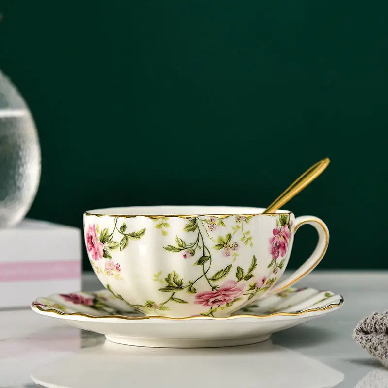 Elegant Floral Tea Cup Set with Spoon and Saucer