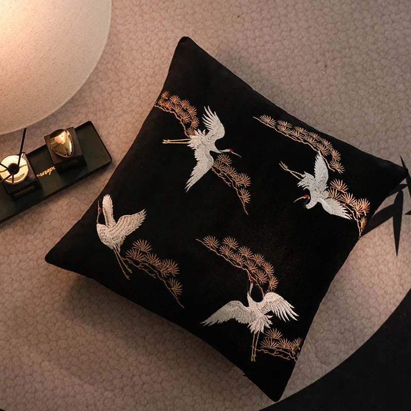 Norwegian Crane Cushion Cover with Embroidered Design for a Stylish Interior