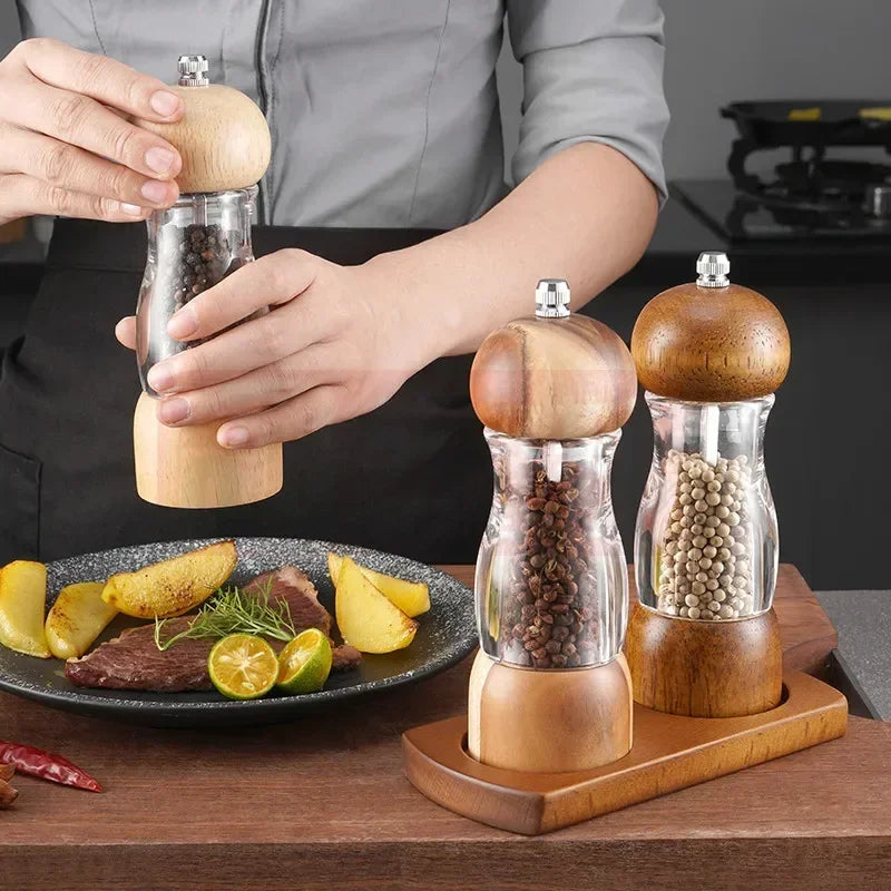 Salt and Pepper Mill Set - Manual Mill with Ceramic Mechanism - Wooden Finish