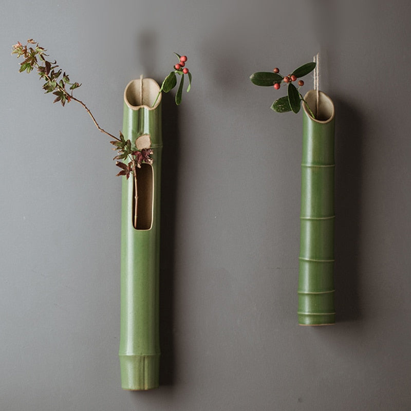 ZenFlo Hanging Vase - Ceramic Bamboo Elegance for Dried Flowers