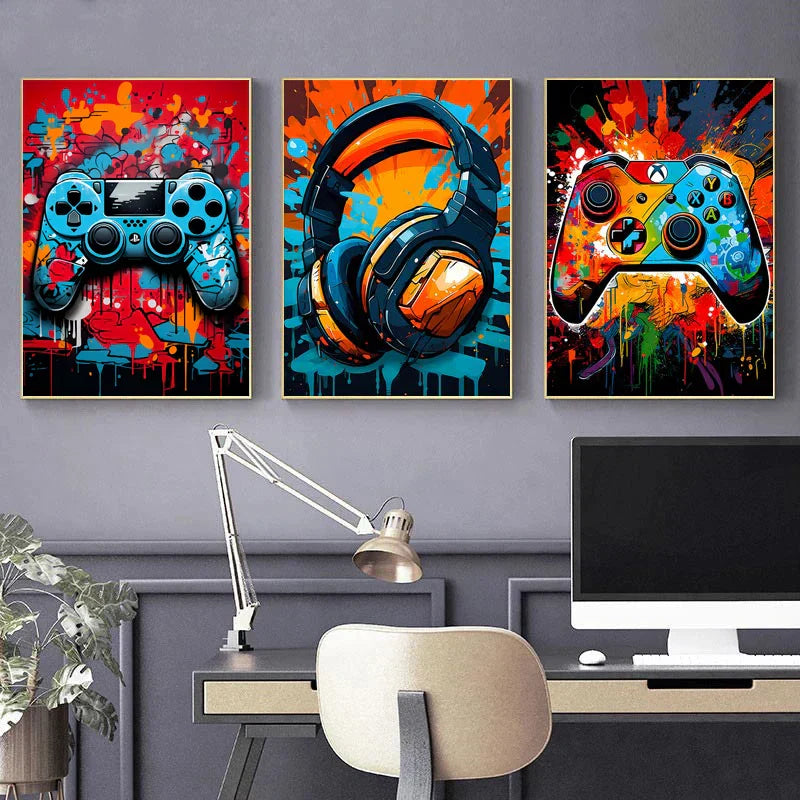 Graffiti-style Game Controller Poster - Colourful Canvas Wall Decoration for Boys' Room