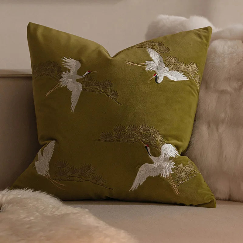 Norwegian Crane Cushion Cover with Embroidered Design for a Stylish Interior