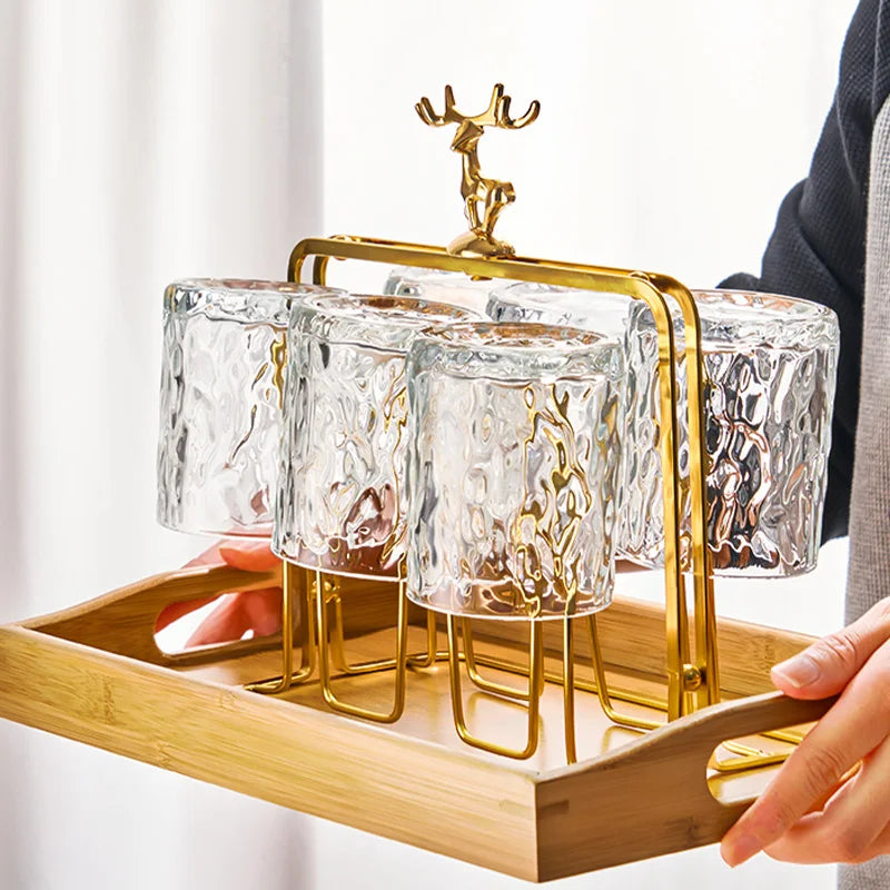 Whiskey Glass Set – Decanter Set – Luxe Glasses with Reindeer Drying Rack