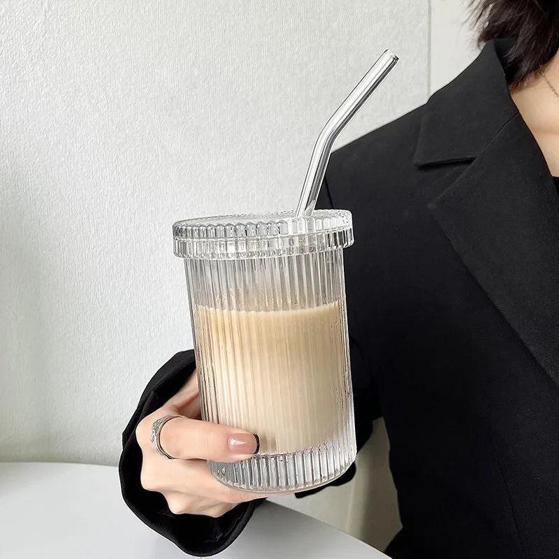 Glass Straw Cup Set – Japanese Style Coffee Tea Milk Cup with Lid