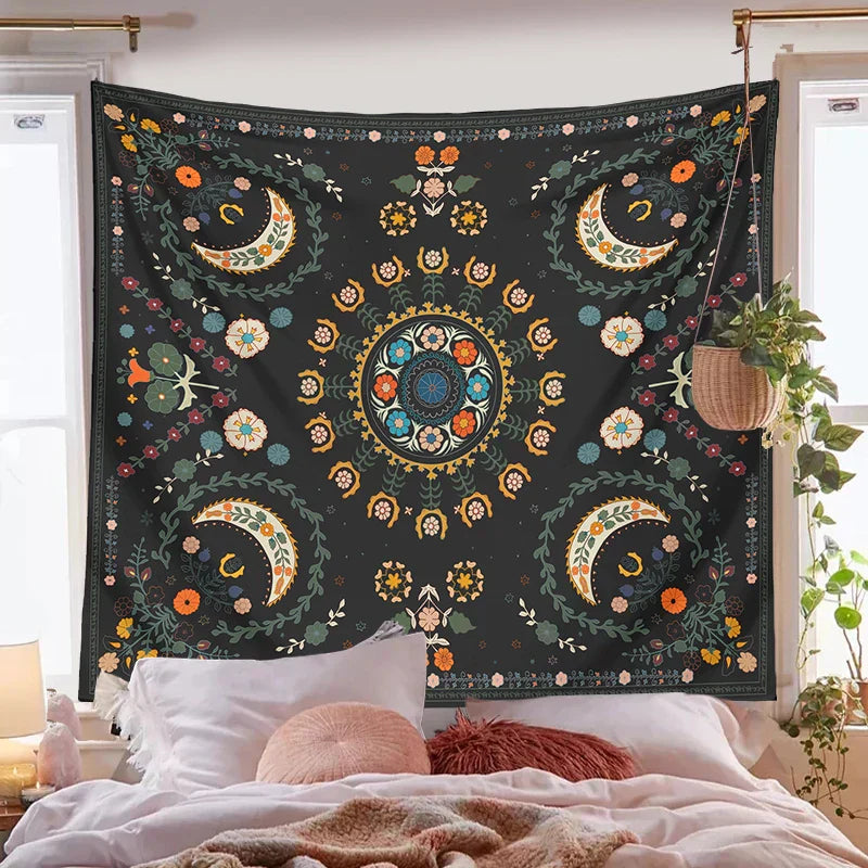 Norwegian botanical wall tapestry with flowers and moon phases - For bedroom or living room