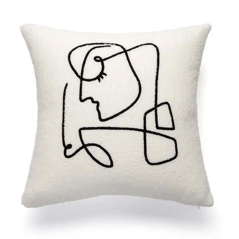 Norwegian Beige White Cushion Cover with Abstract Art - 45x45 cm Decorative Cushion