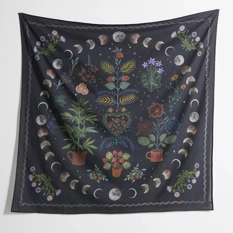 Norwegian botanical wall tapestry with flowers and moon phases - For bedroom or living room