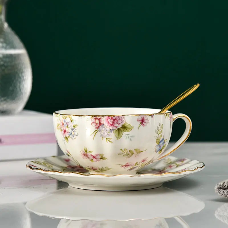 Elegant Floral Tea Cup Set with Spoon and Saucer