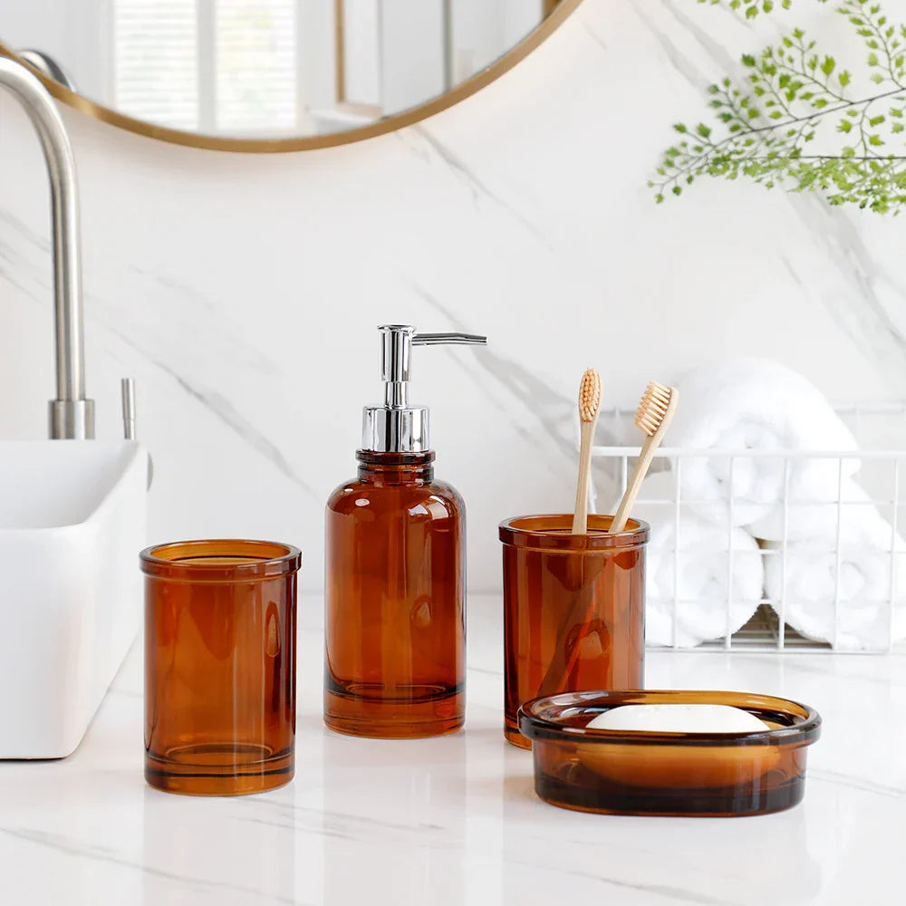 Glass 4-Piece Bathroom Set - Stylish Storage Solution, Toothbrush & Soap