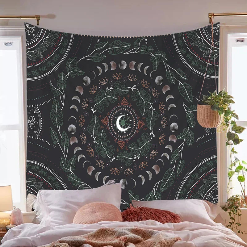 Norwegian botanical wall tapestry with flowers and moon phases - For bedroom or living room