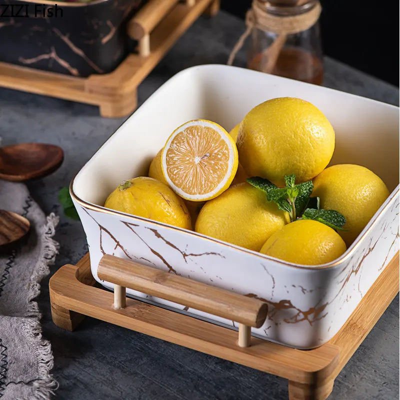 Luxe Marble-Look Serving Platter - Ceramic with Wooden Base