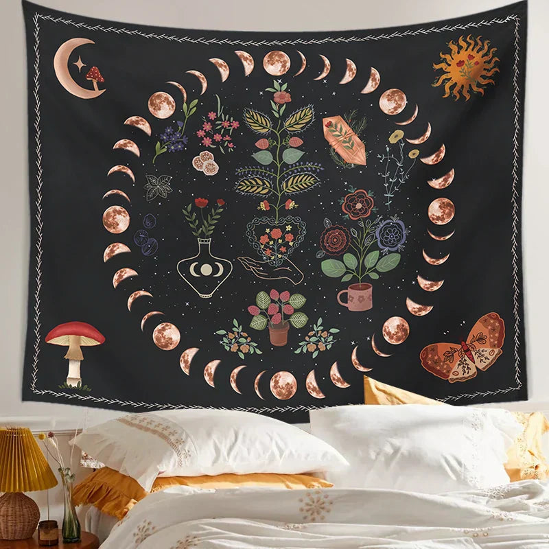 Norwegian botanical wall tapestry with flowers and moon phases - For bedroom or living room