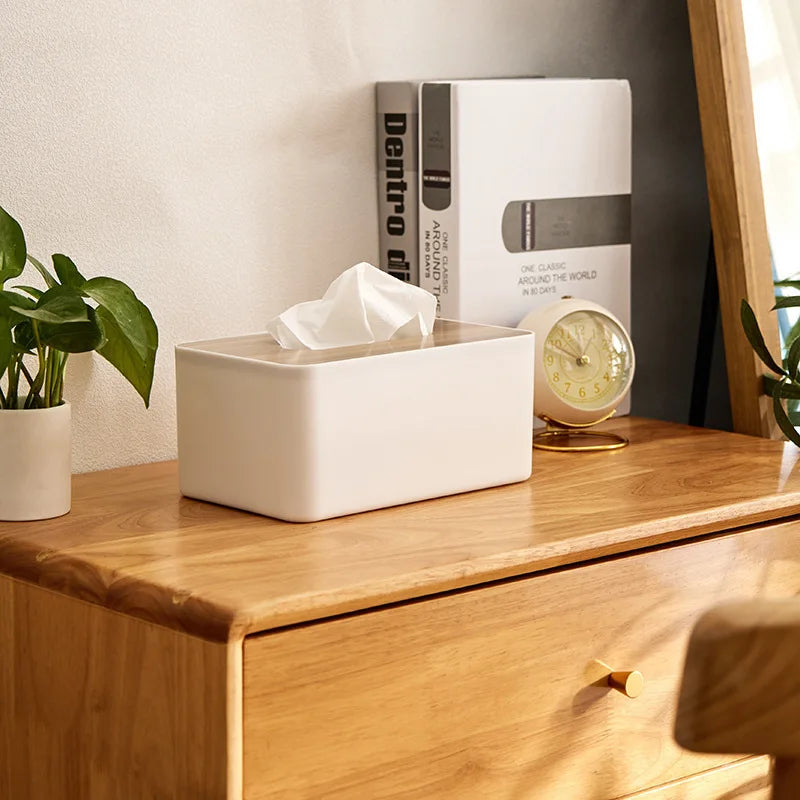 Bamboo Tissue Holder with White Design and Natural Lid