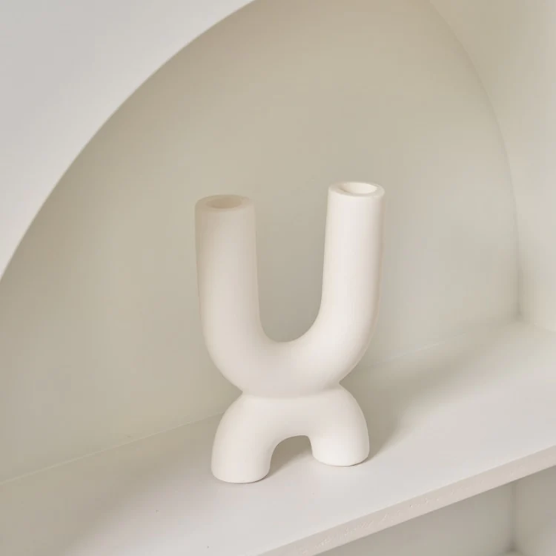 Off White Curved Ceramic Candle Holder - Modern Sculptural Candle Holders