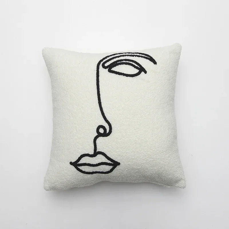 Norwegian Beige White Cushion Cover with Abstract Art - 45x45 cm Decorative Cushion