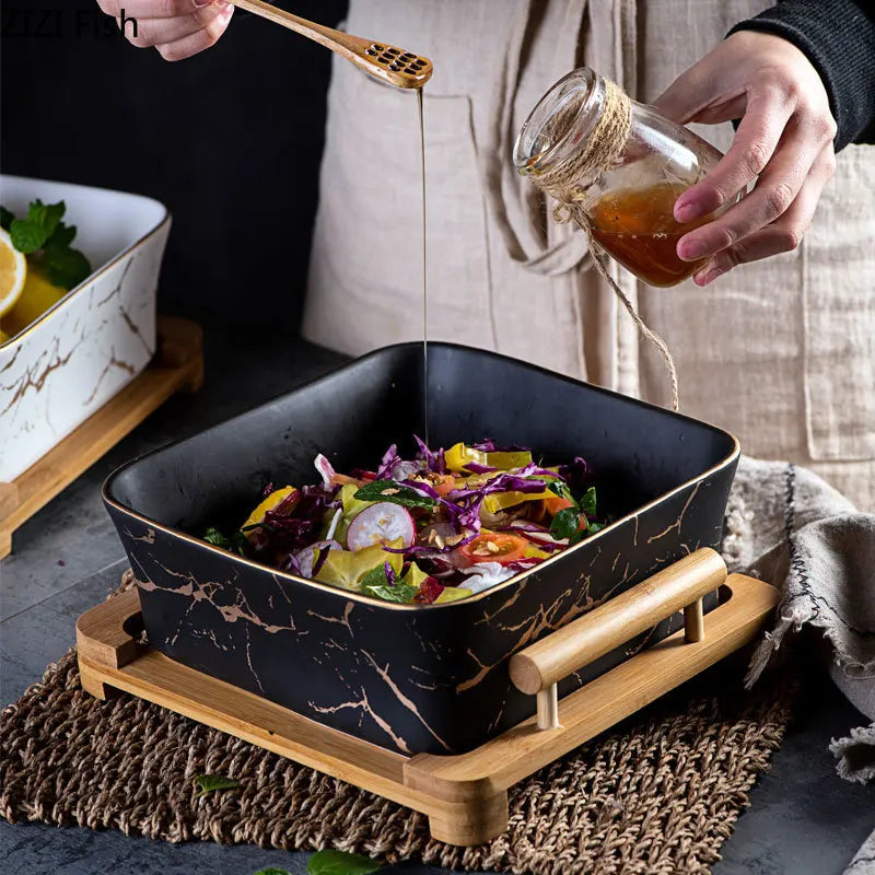 Luxe Marble-Look Serving Platter - Ceramic with Wooden Base