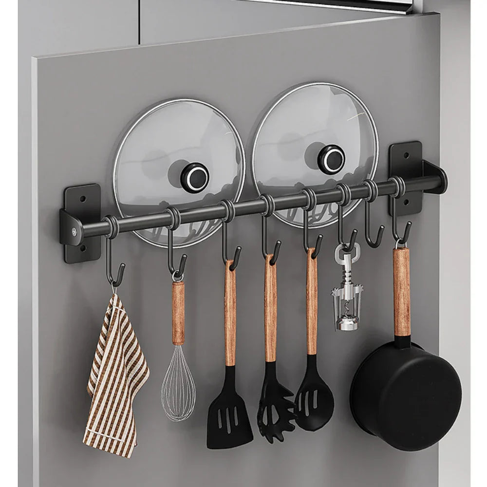 Wall-Mounted Kitchen Rack - Black Steel Organizer for Utensil and Lid Storage