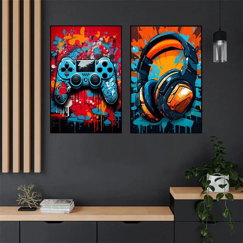 Graffiti-style Game Controller Poster - Colourful Canvas Wall Decoration for Boys' Room