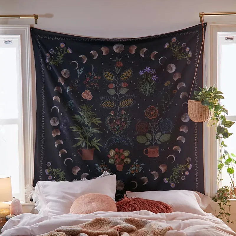 Norwegian botanical wall tapestry with flowers and moon phases - For bedroom or living room