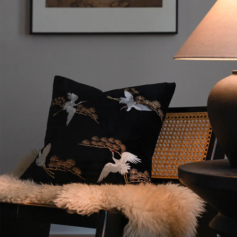 Norwegian Crane Cushion Cover with Embroidered Design for a Stylish Interior