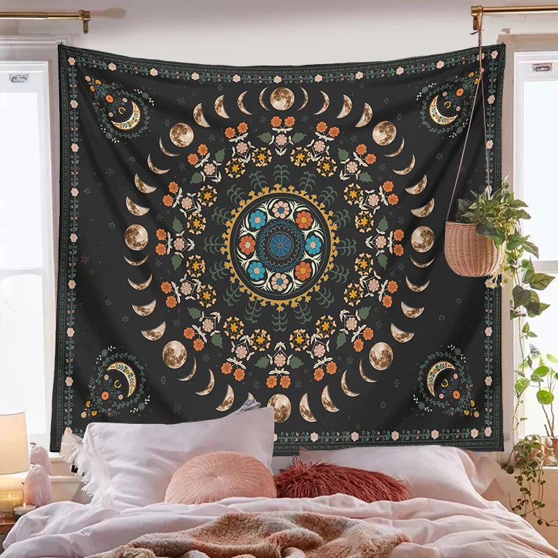 Norwegian botanical wall tapestry with flowers and moon phases - For bedroom or living room