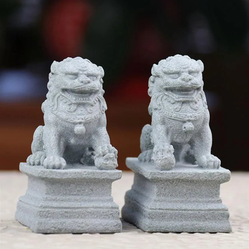 Set of Chinese Stone Lions - Mini Decoration for Home and Garden with Feng Shui Symbolism