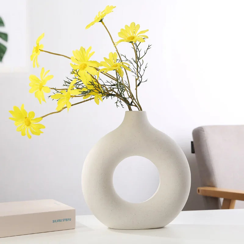 Ceramova Hollow Round Vase – Elegant Ceramic Flower Pot for Modern Living Room Décor