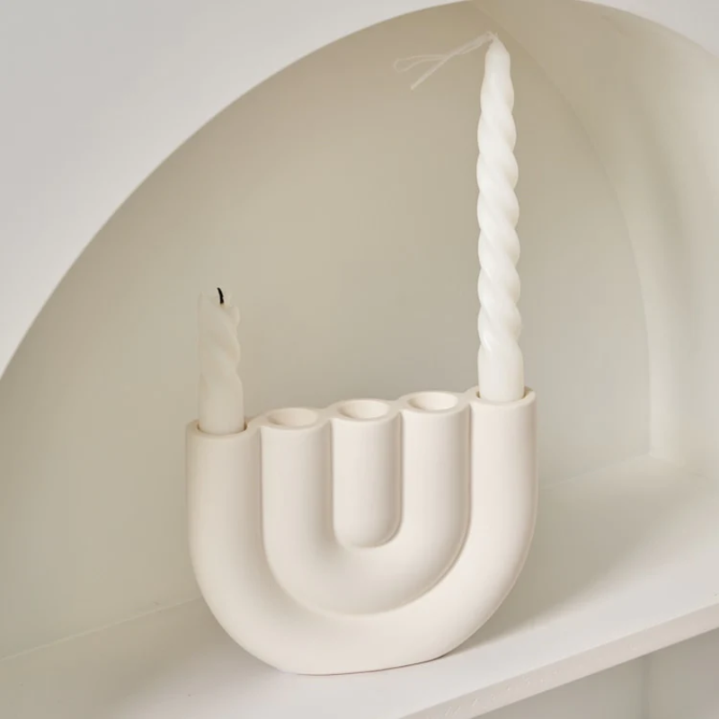 Off White Curved Ceramic Candle Holder - Modern Sculptural Candle Holders