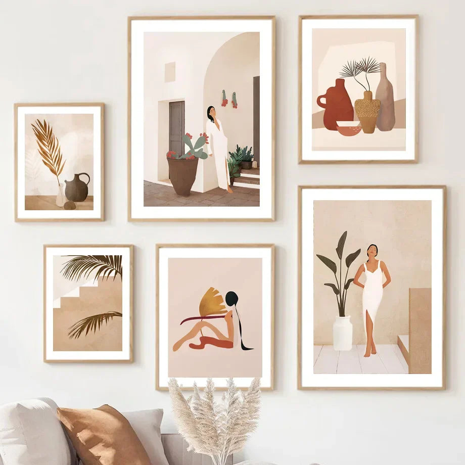 Simple Scandinavian Wall Decor - Fashion Girl Poster with Palm Leaves in Bohemian Style, Perfect for Bedroom or Living Room