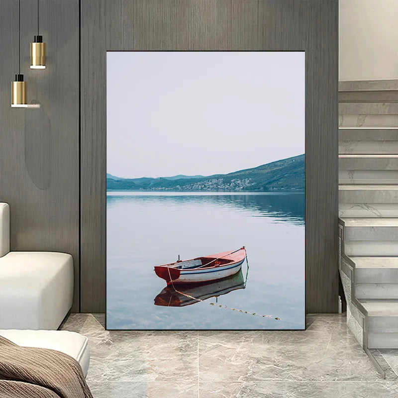 Verano Canvas Painting - Fishing Boat in a River Landscape for Living Room or Bedroom - Modern Wall Decoration