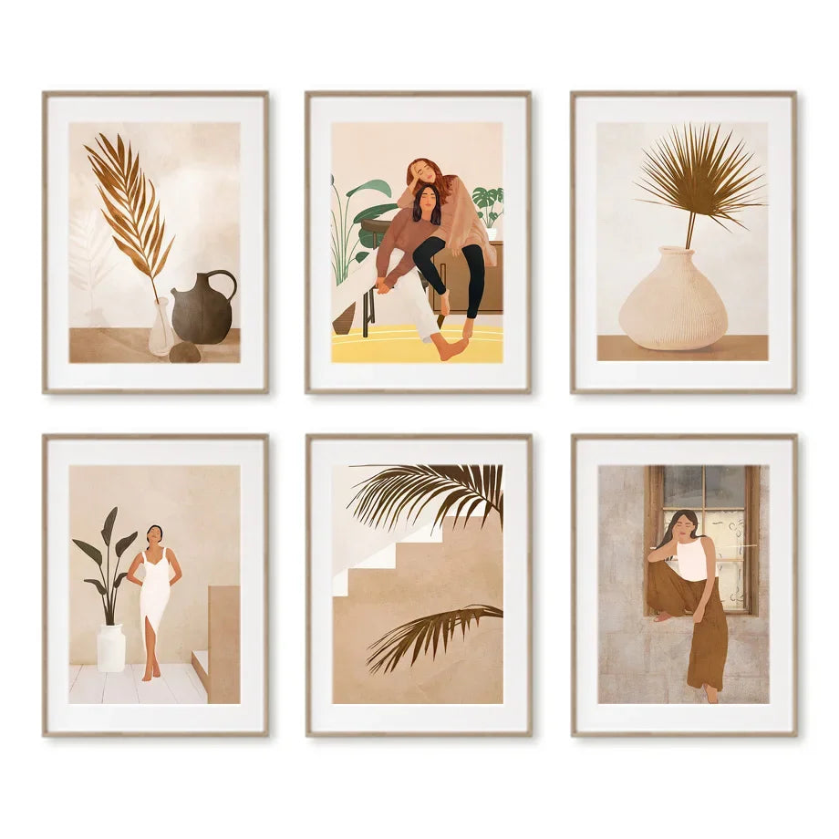 Simple Scandinavian Wall Decor - Fashion Girl Poster with Palm Leaves in Bohemian Style, Perfect for Bedroom or Living Room