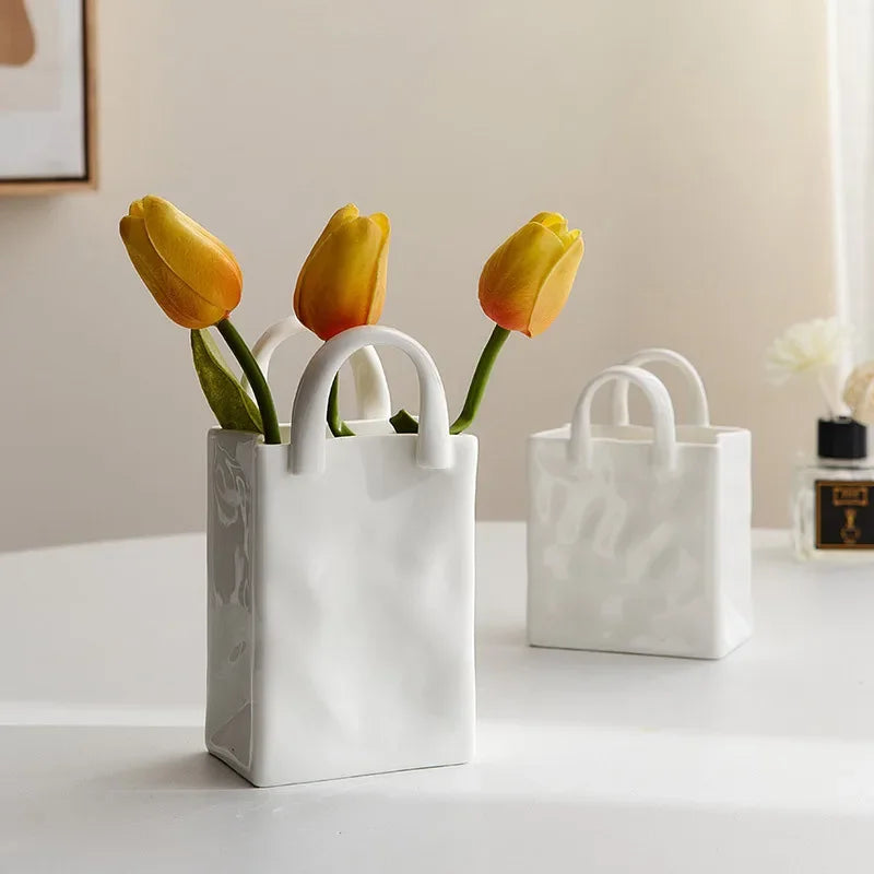 Modern White Ceramic Handbag-Shaped Vase - Decorative Flower Vase for Living Room or Office