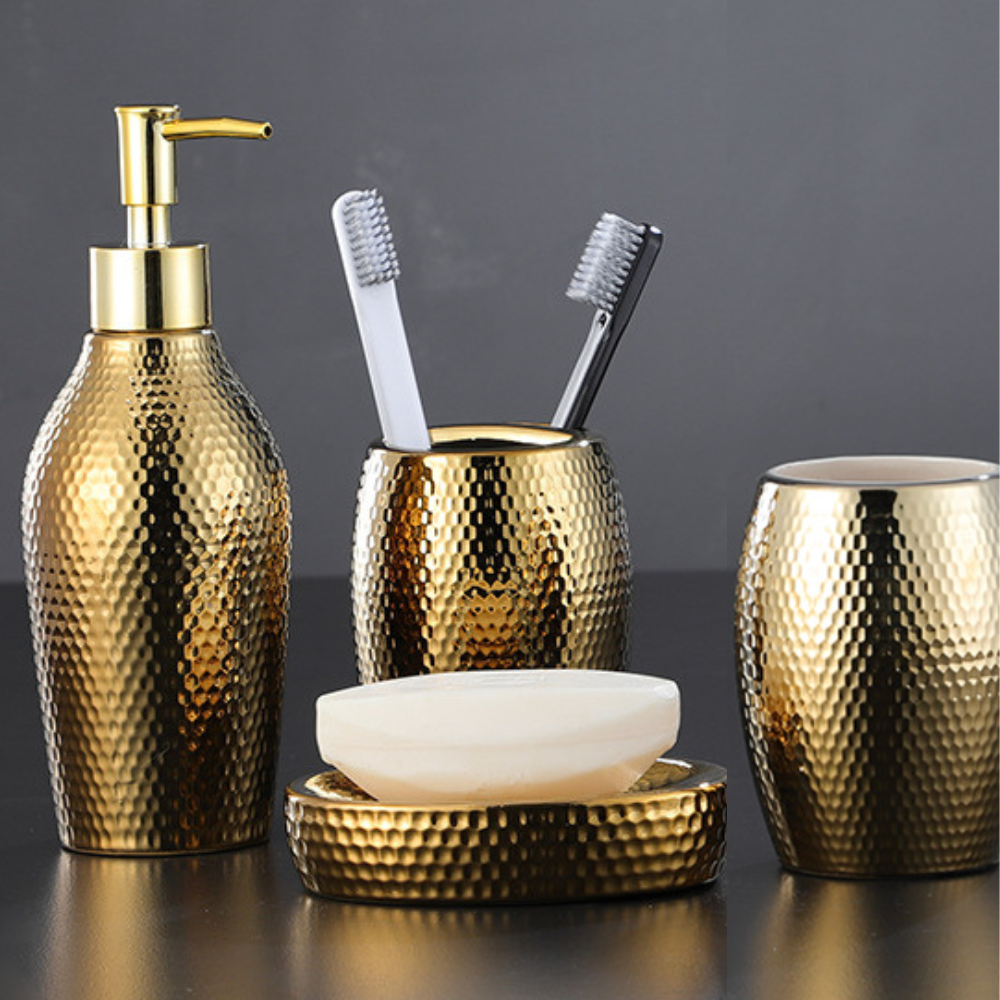 Bathroom Accessories Set - 4-Piece - Soap Dispenser, Toothbrush Holder, Soap Dish & Cup - Gold Accents for a Luxurious Look