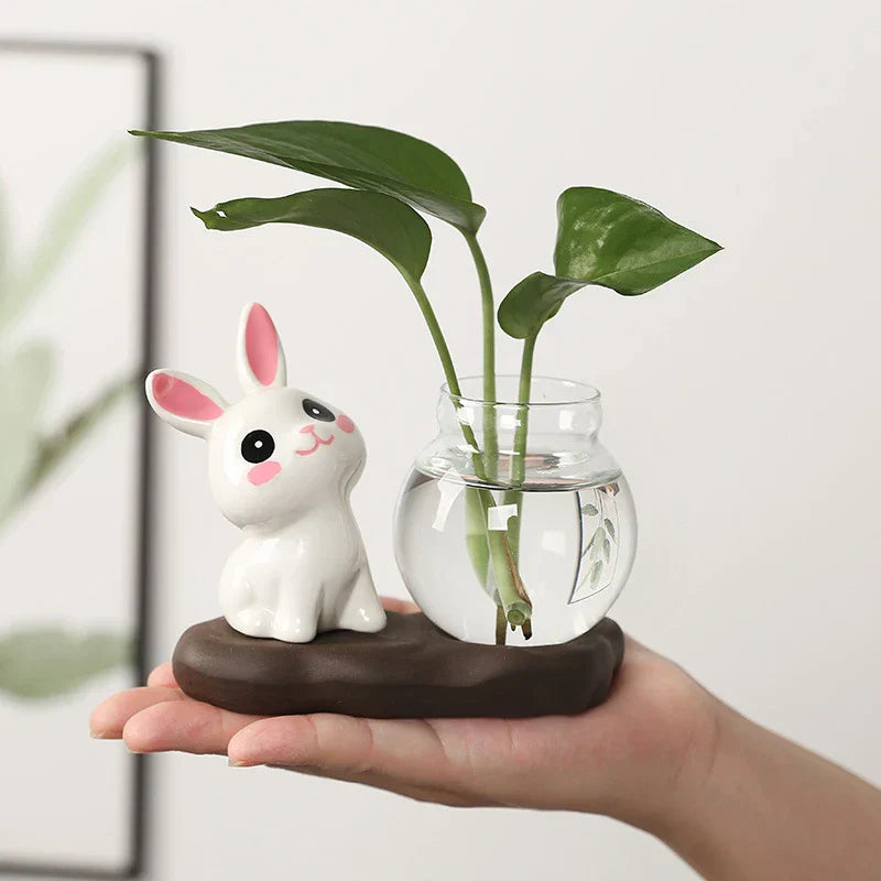 Cute Ceramic or Glass Vase with Wooden Stand – For Plants and Decoration