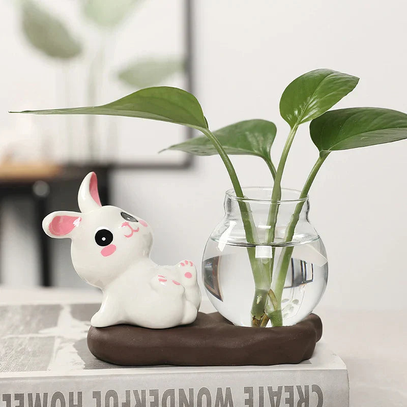 Cute Ceramic or Glass Vase with Wooden Stand – For Plants and Decoration