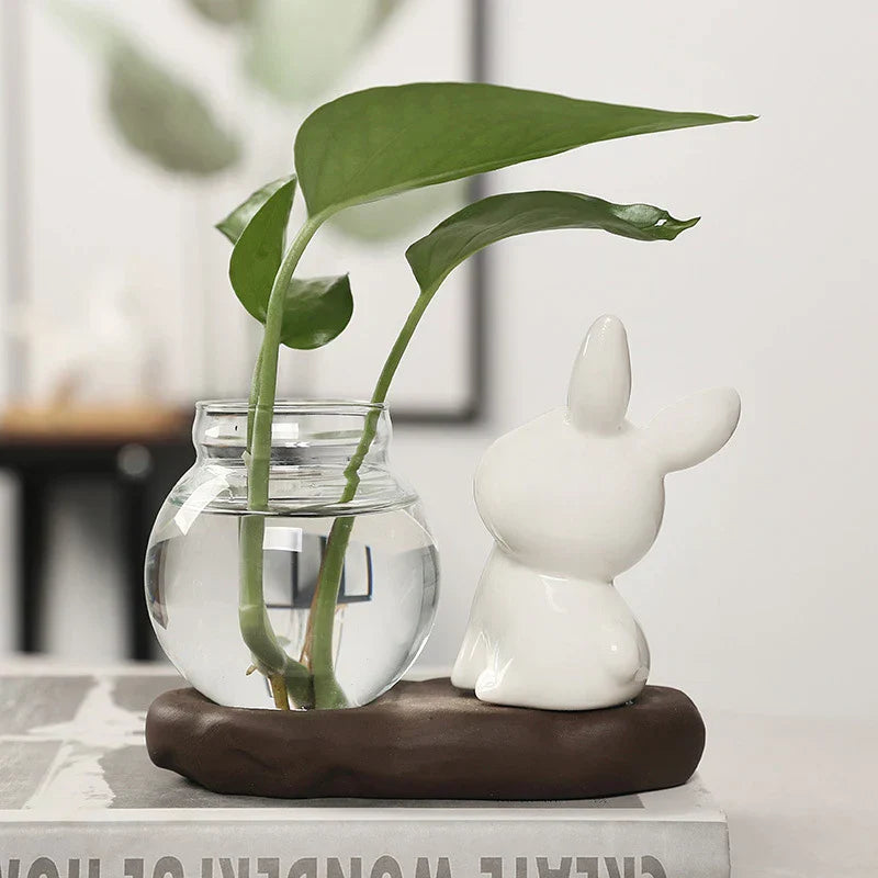 Cute Ceramic or Glass Vase with Wooden Stand – For Plants and Decoration