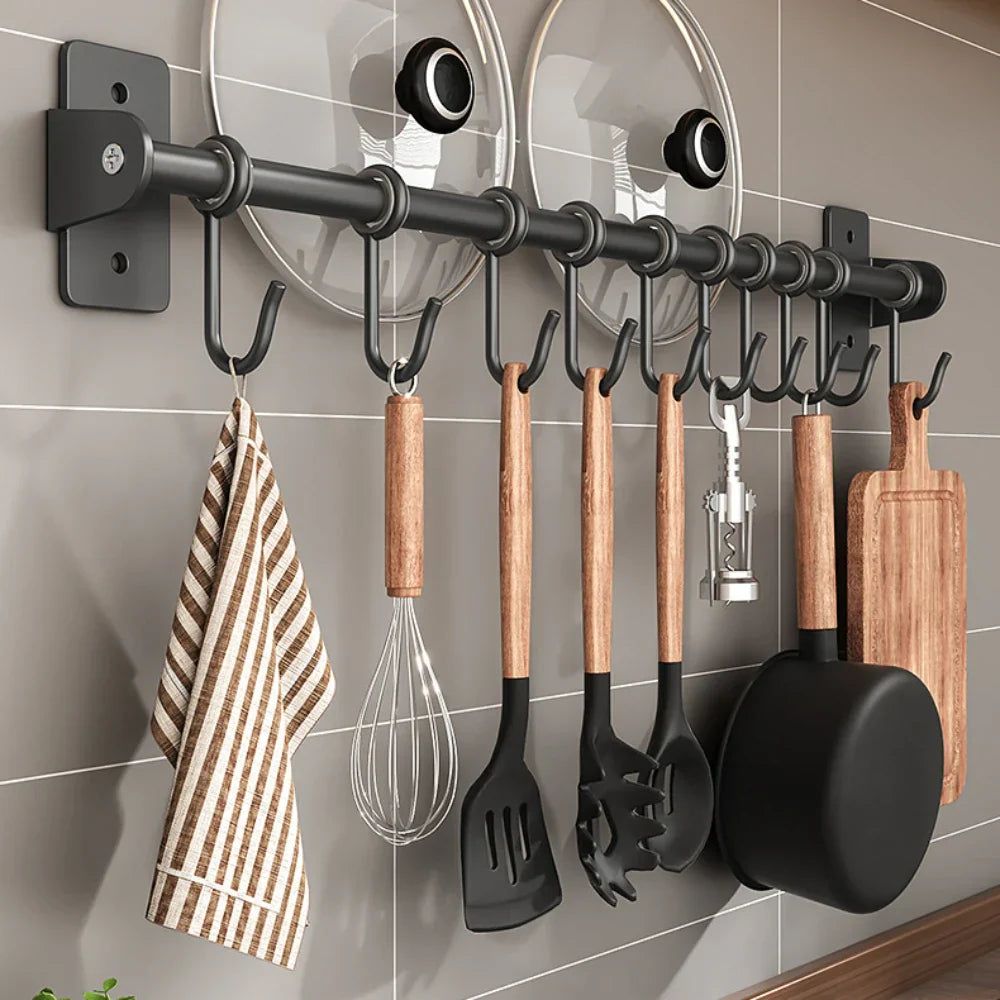 Wall-Mounted Kitchen Rack - Black Steel Organizer for Utensil and Lid Storage