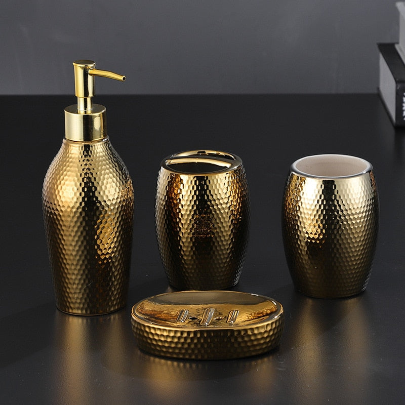 Bathroom Accessories Set - 4-Piece - Soap Dispenser, Toothbrush Holder, Soap Dish & Cup - Gold Accents for a Luxurious Look