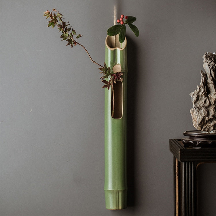 ZenFlo Hanging Vase - Ceramic Bamboo Elegance for Dried Flowers