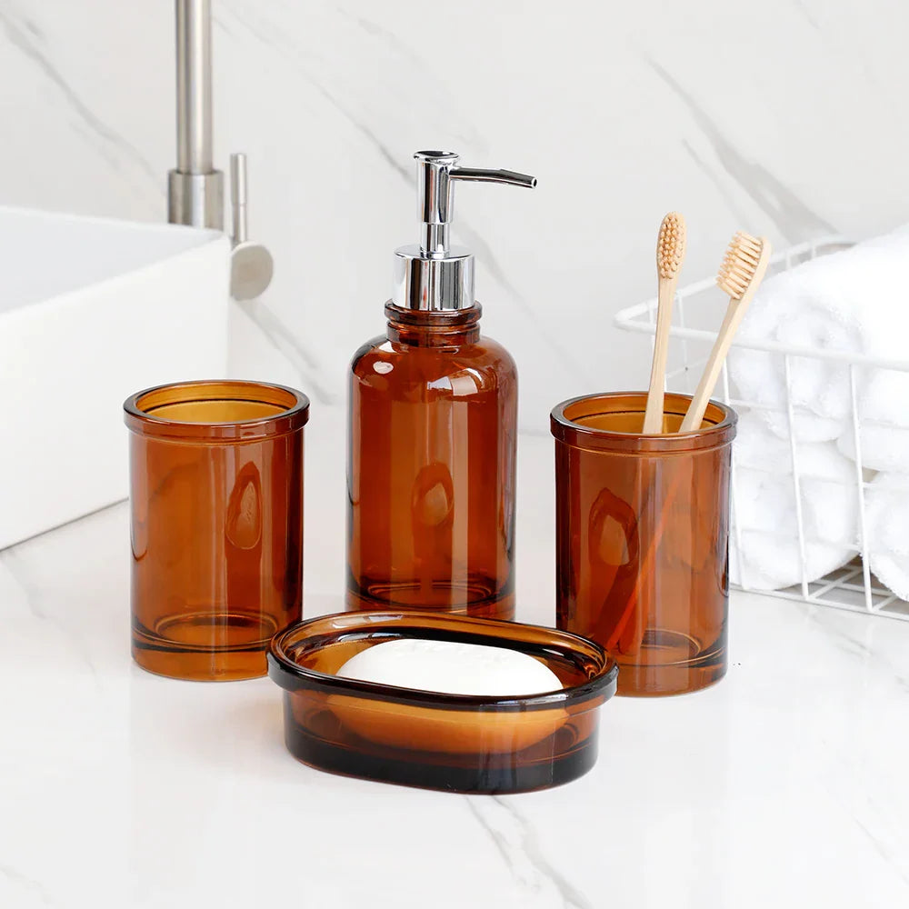 Glass 4-Piece Bathroom Set - Stylish Storage Solution, Toothbrush & Soap